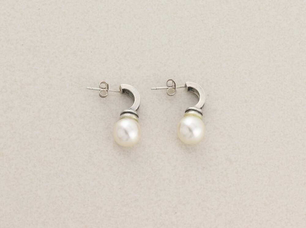 Sterling Silver Simulated Pearl Earrings Drop Earrings 7/8" x 3/8" - Picture 5 of 7